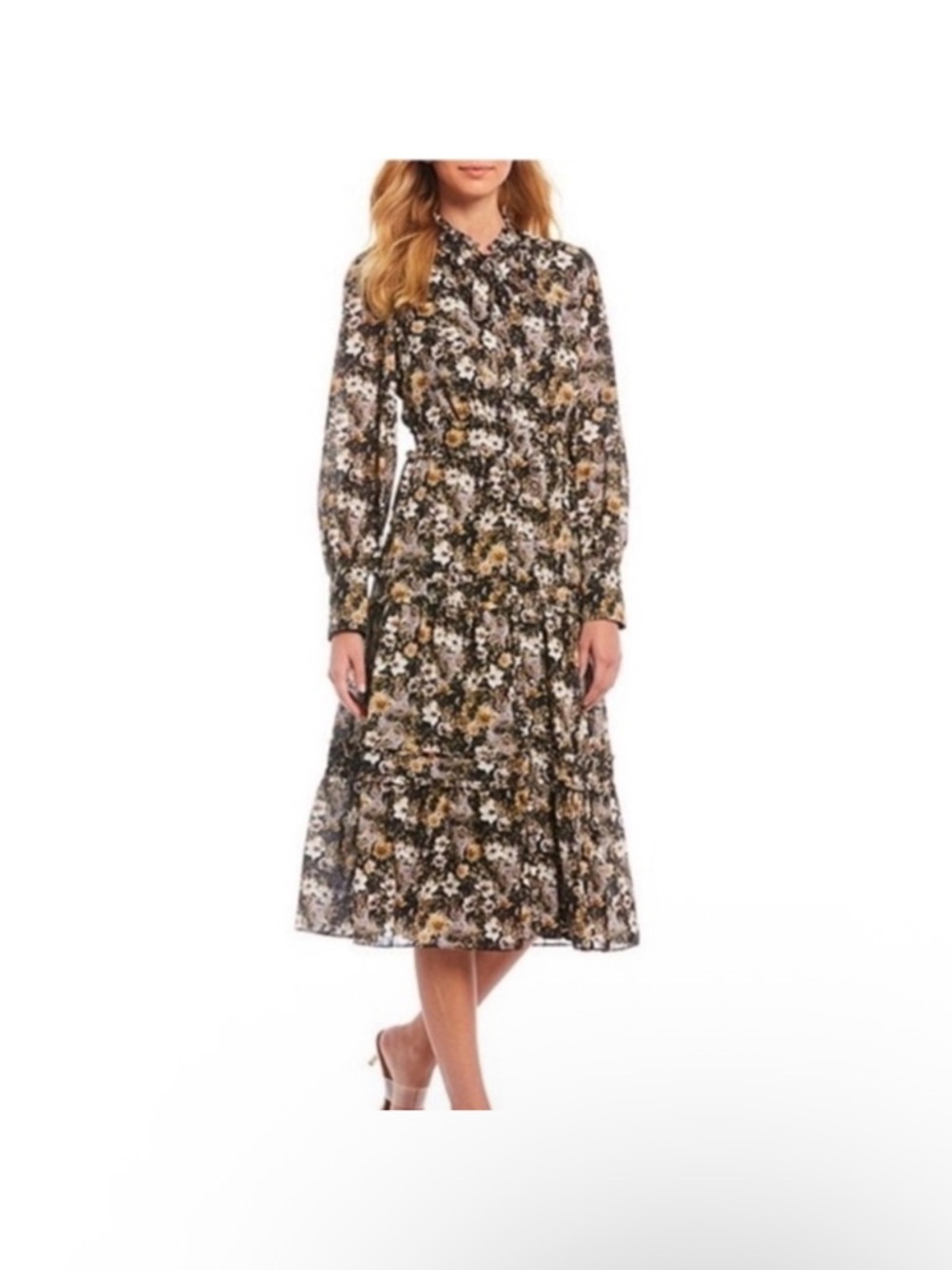 ANTONIO MELANI Floral Printed Angie Long Sleeve Ruffle Midi Dress